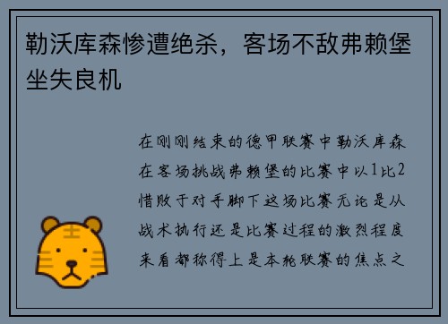 勒沃库森惨遭绝杀，客场不敌弗赖堡坐失良机