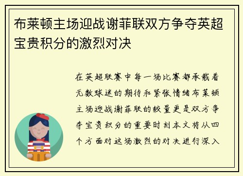 布莱顿主场迎战谢菲联双方争夺英超宝贵积分的激烈对决